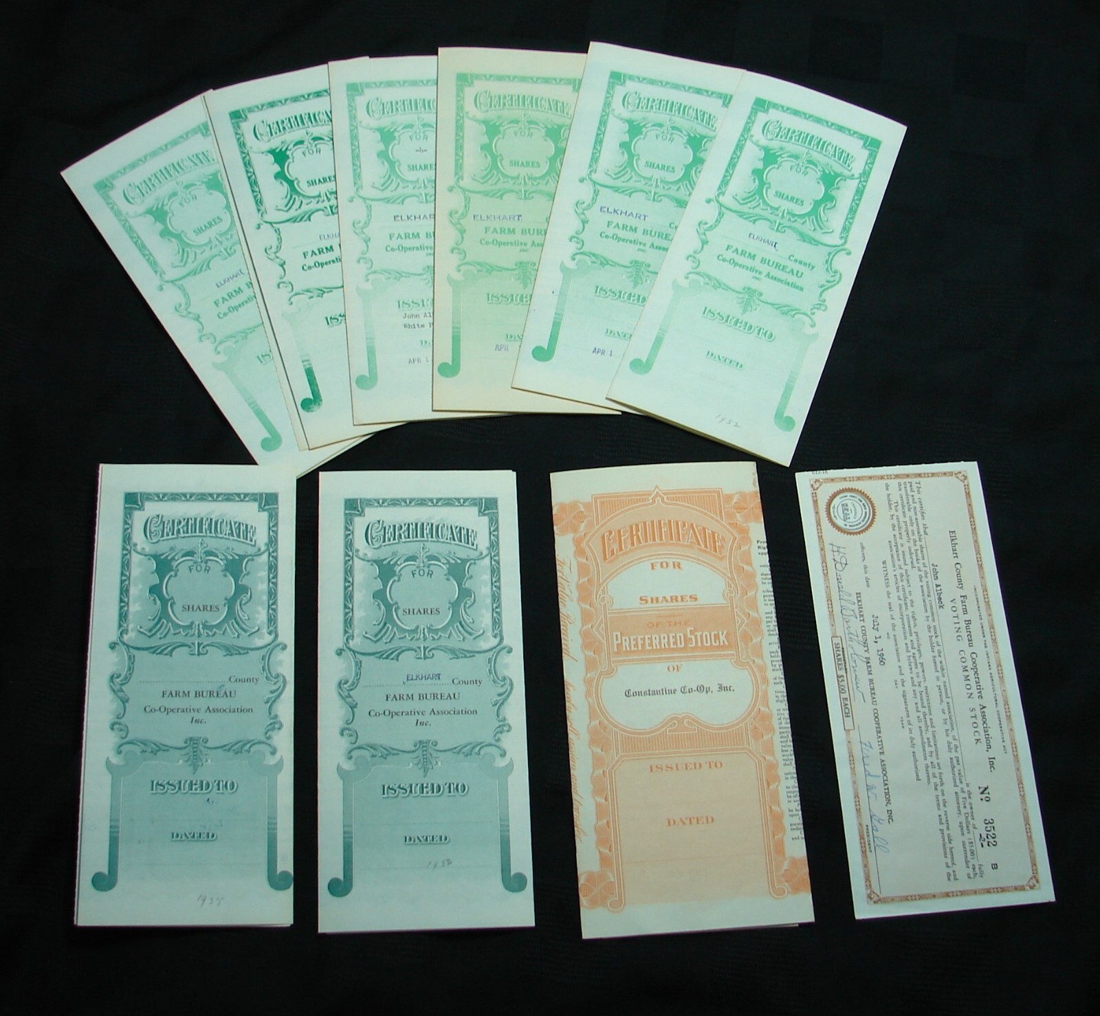 Vintage collection of 10 Farm Bureau Co-Op Stocks 1948-1960