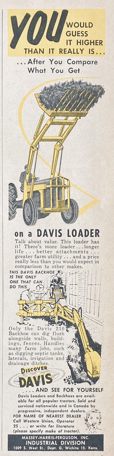 1957 AD.(XH43)~MASSEY-HARRIS-FERGUSON CO. WICHITA, KS. DAVIS LOADER ABD BACKHOE