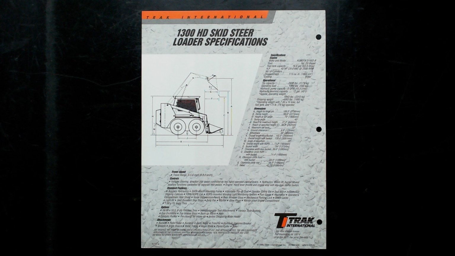 Trak International Scat Trak 1300 HD Skid Steer Loader Brochure 1990