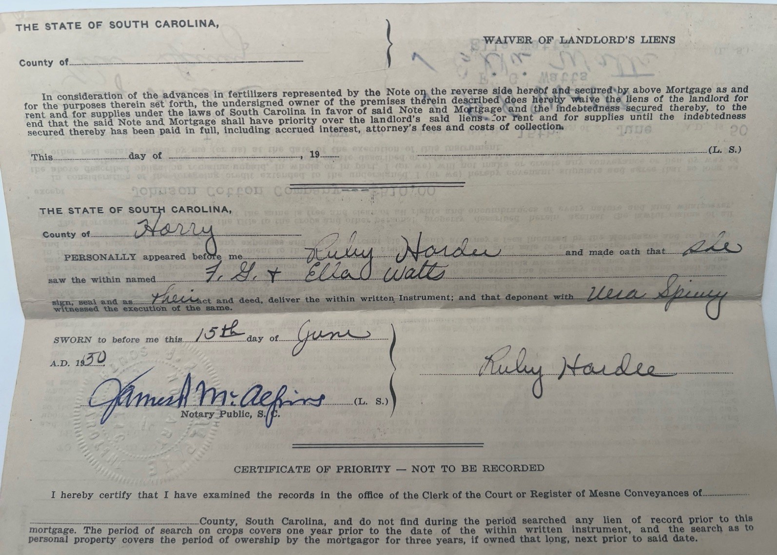 1950 SC Crop Mortgage Johnson Cotton Co Mule Cow Horry County # 1154