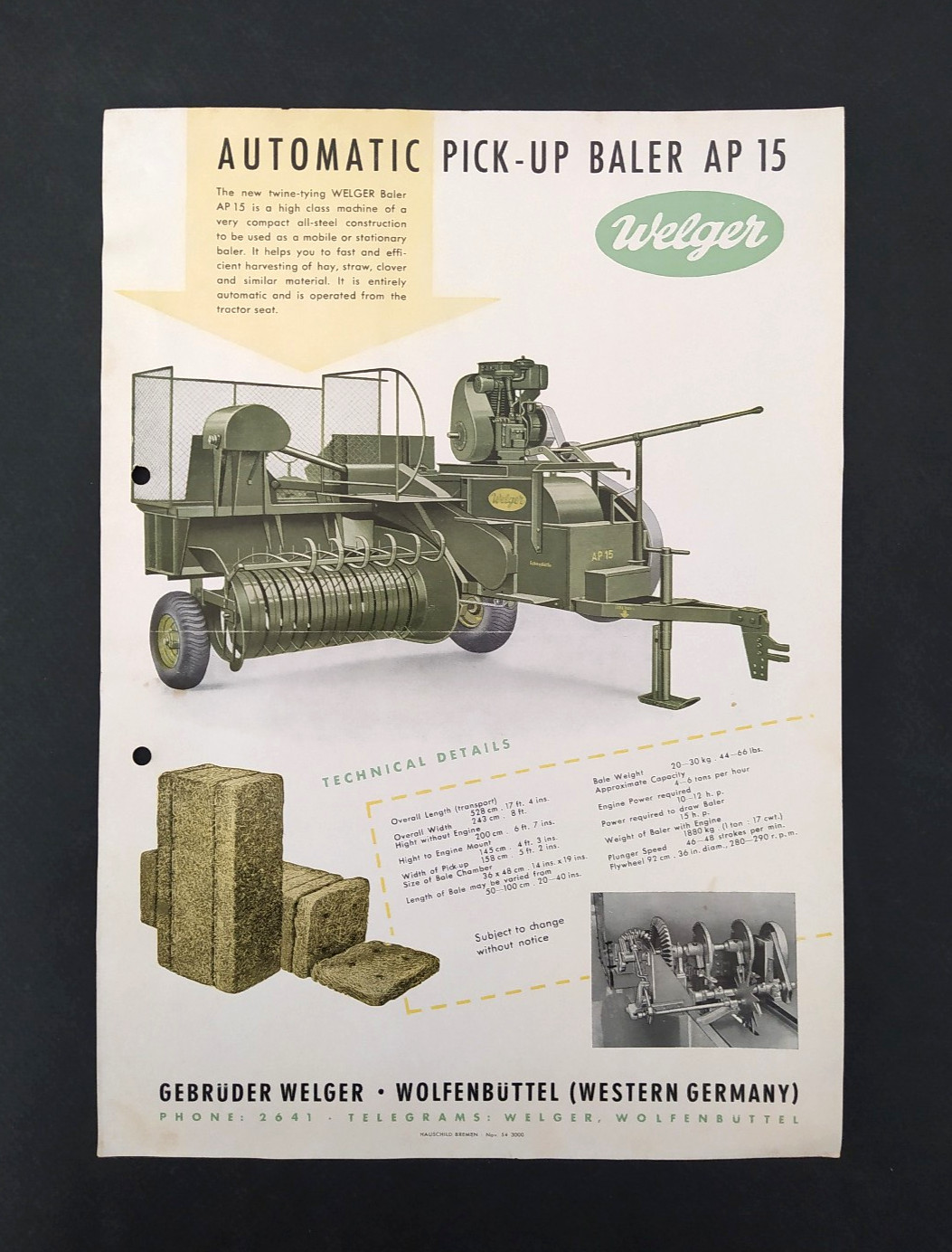 VINTAGE « WELGER » 1954 GERMAN BALERS 4 BROCHURES LOT AGRICULTURAL MACHINERY