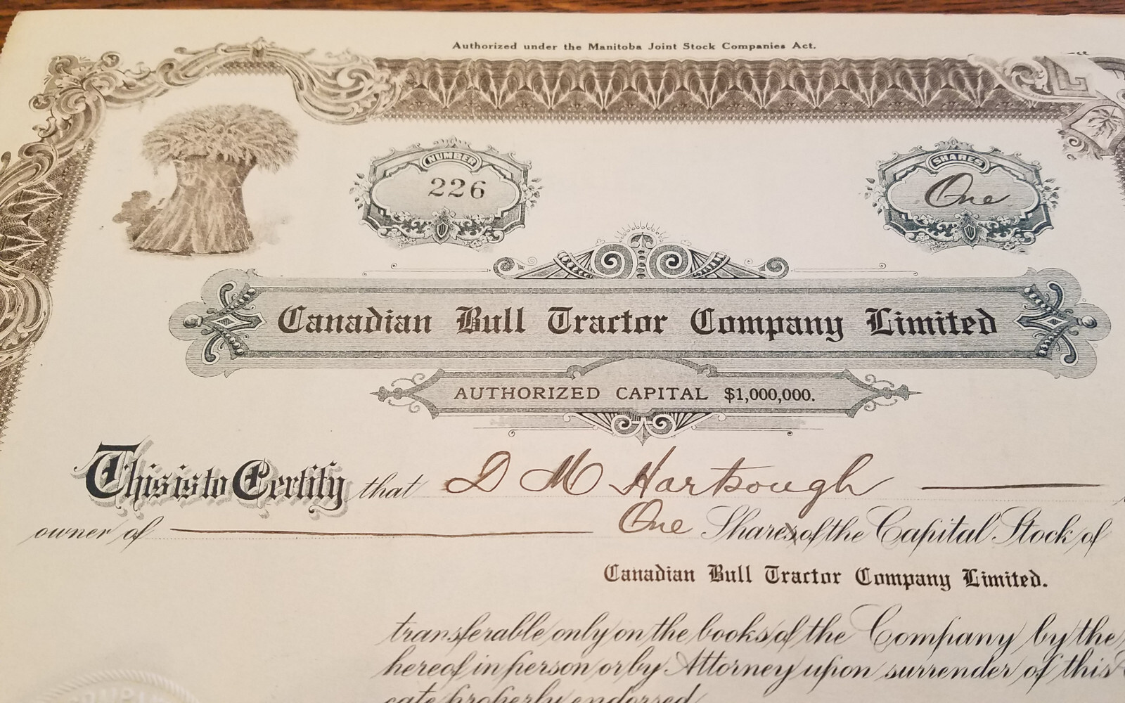 Rare Signed Hartsough Inventor 1914 Bull Tractor Stock Certificate Big Bull Farm