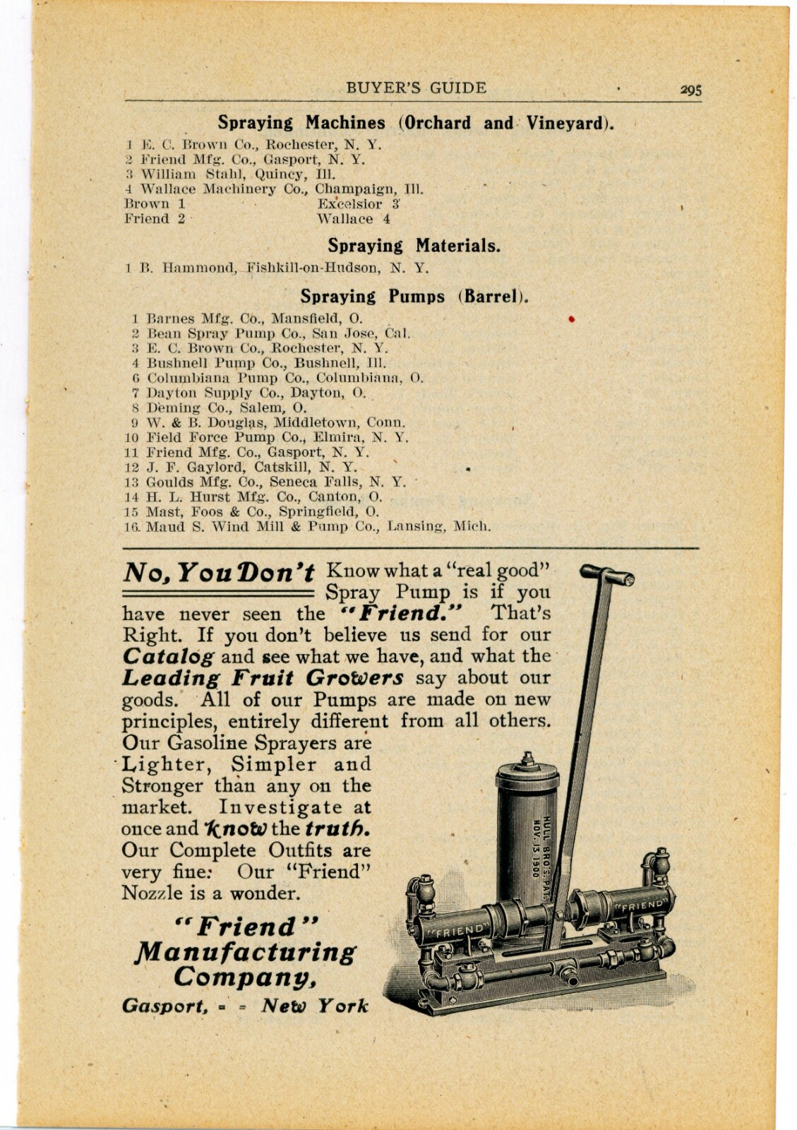 1905 Friend Mfg. Co. Ad: Spray Pump for Fruit Growers – Gasport, New York