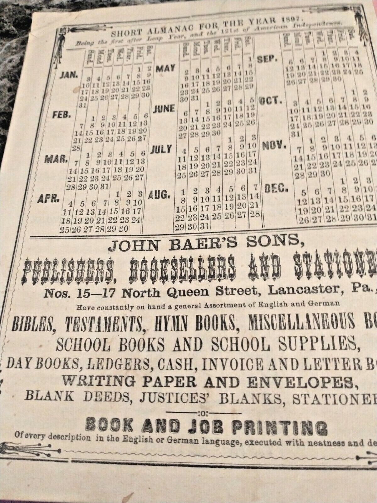 1897 Agricultural Almanac Lancaster Pennsylvania/John Baer&rsquo;s Sons