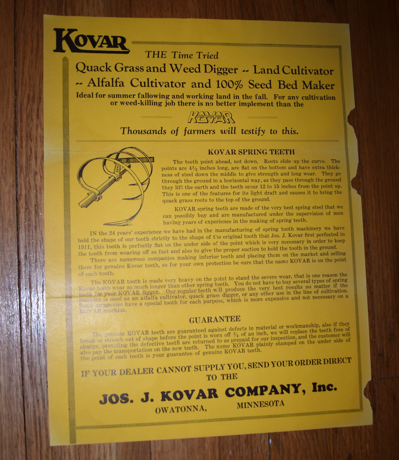 Vintage 1925 Kovar Co Weed Digger Farm Implement Brochure OWATONNA MN w Envelope