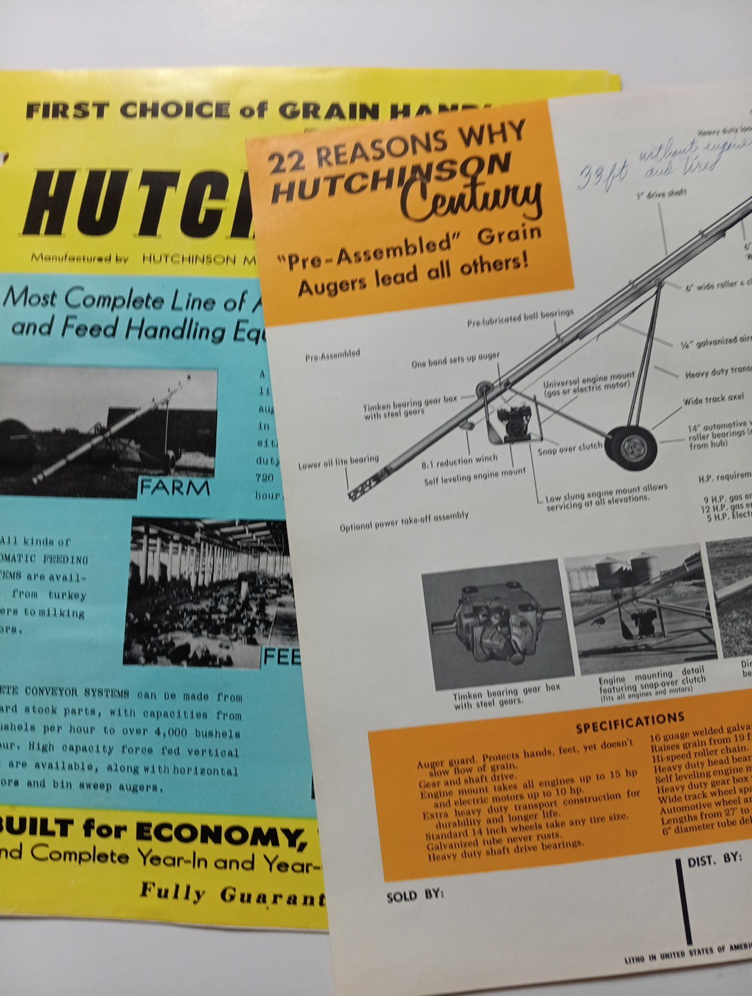 2 Vintage Hutchinson Grain Storage Augers Sales Brochures Flyer Kansas