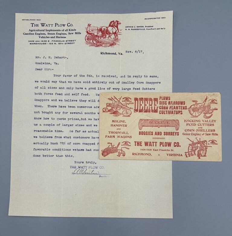 1917 JOHN DEERE Postal Cover HANOVER WAGON Farm Advertise WATT PLOW Richmond VA