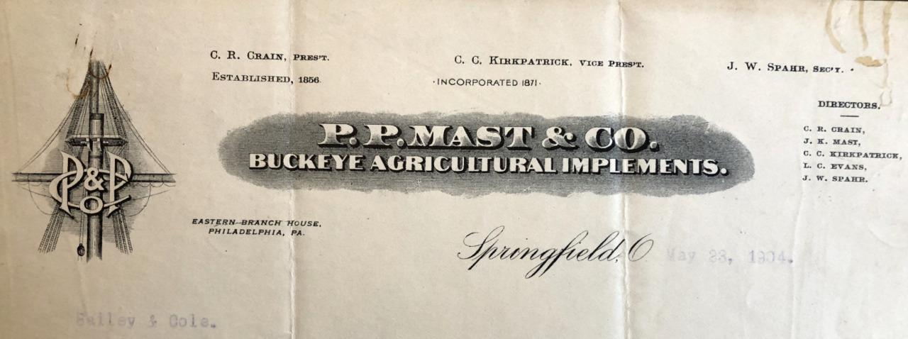 1904 Letter P. P. Mast & Co. Buckeye Agricultural Implements Springfield, Ohio