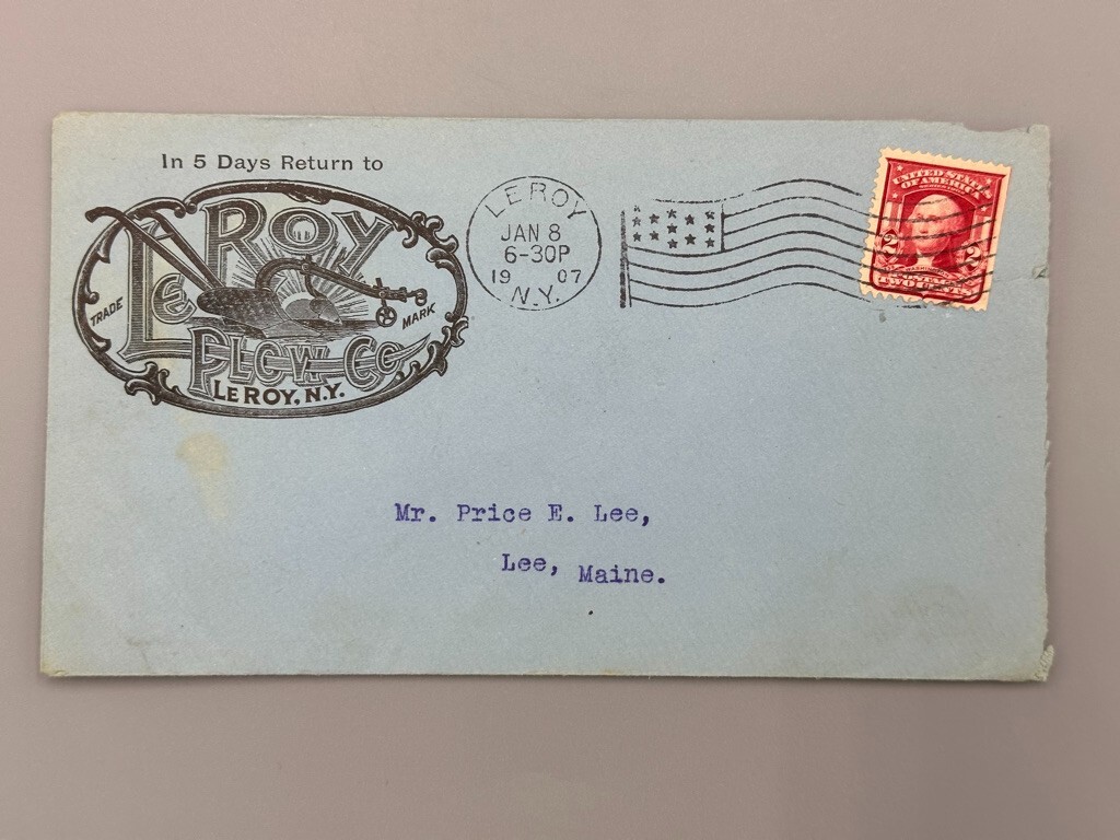 1907 LE ROY PLOW New York FARM Postal Cover Agricultural Antique ADVERTISING