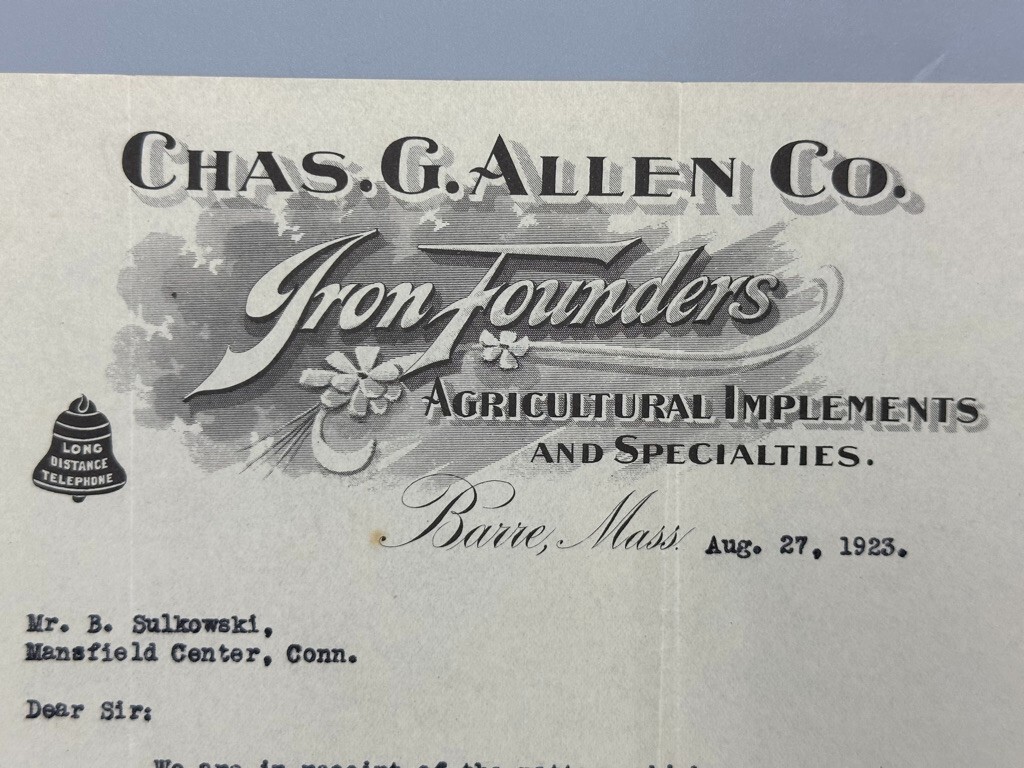 1923 -24 IRON FOUNDERS Agricultural Antique FARM Advertising Letter BARRE MA
