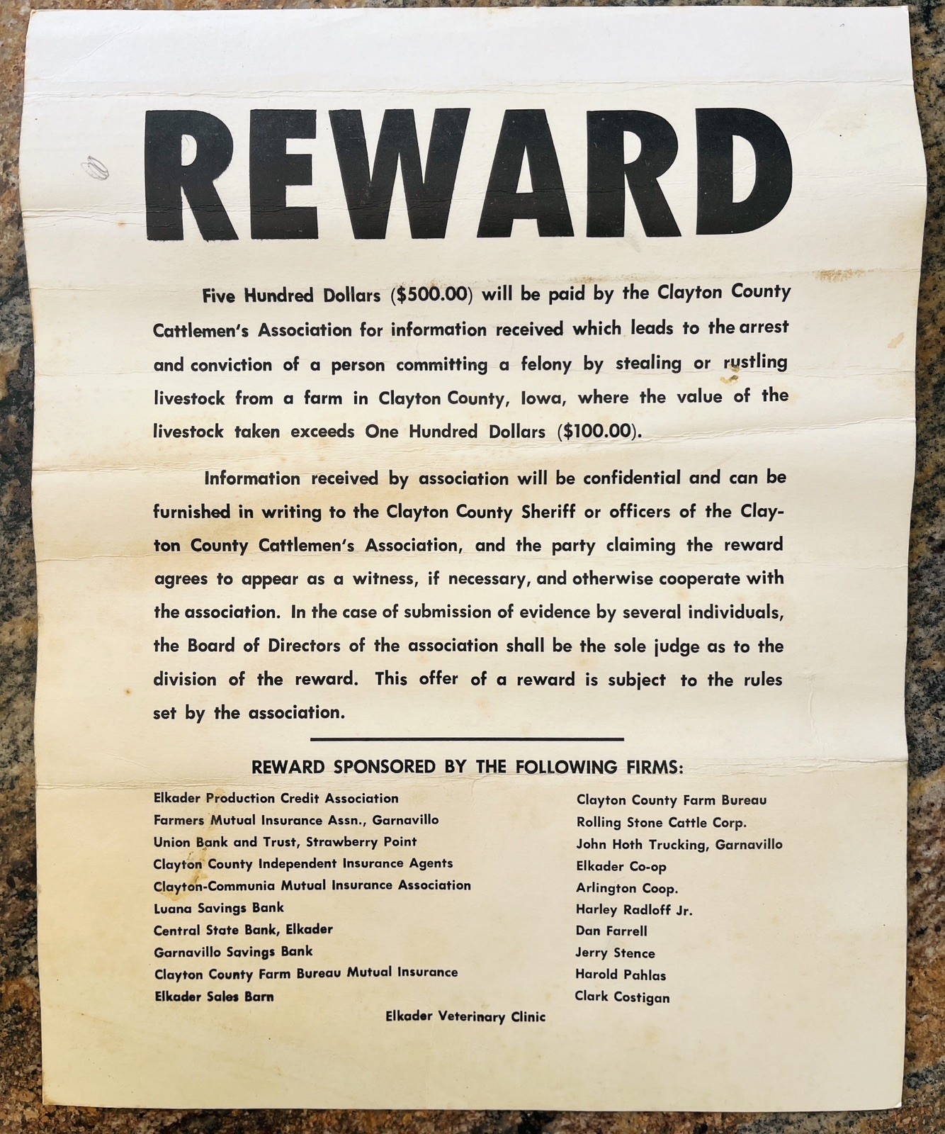 VTG 70&rsquo;s CLAYTON CTNY CATTLEMANS ASSOC REWARD POSTER RUSTLING ELKADER VETERINARY