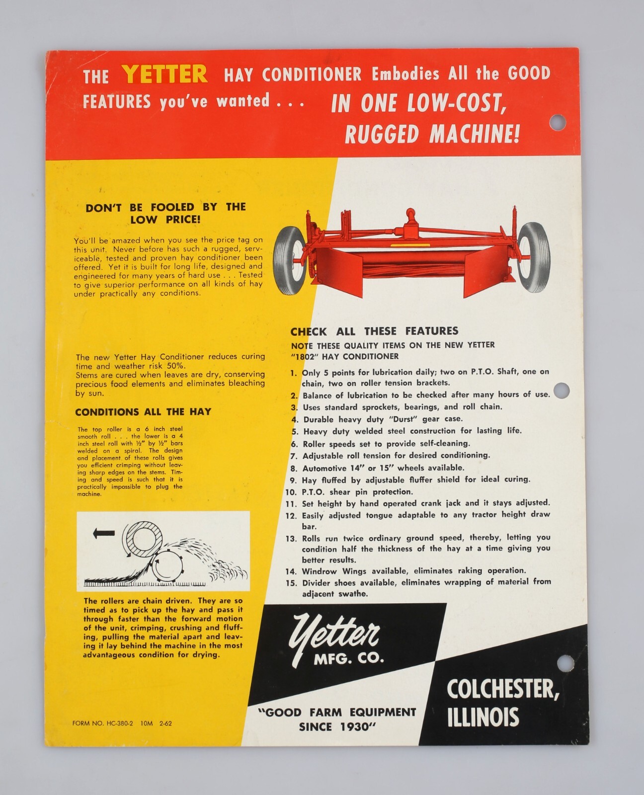 Vintage 1962 Yetter Hay Conditioner Farm Equipment 1 Page Flyer Colchester IL