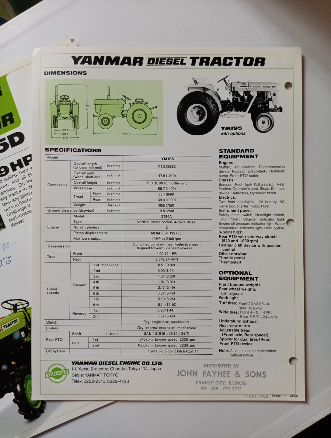 2 Yanmar Diesel Tractor YM195, YM195D Spec Sales Sheet Flyer Farm Equipment Agri