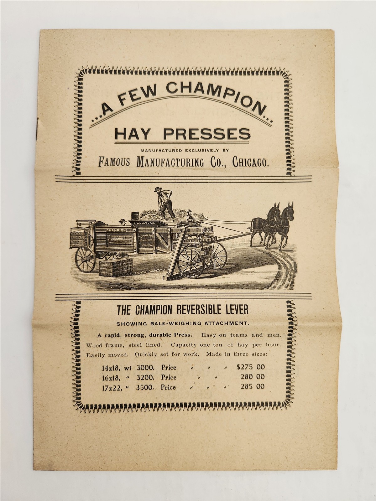 1893 antique CHAMPION HAY PRESS CATALOG chicago il FAMOUS Mfg Co agriculture ad