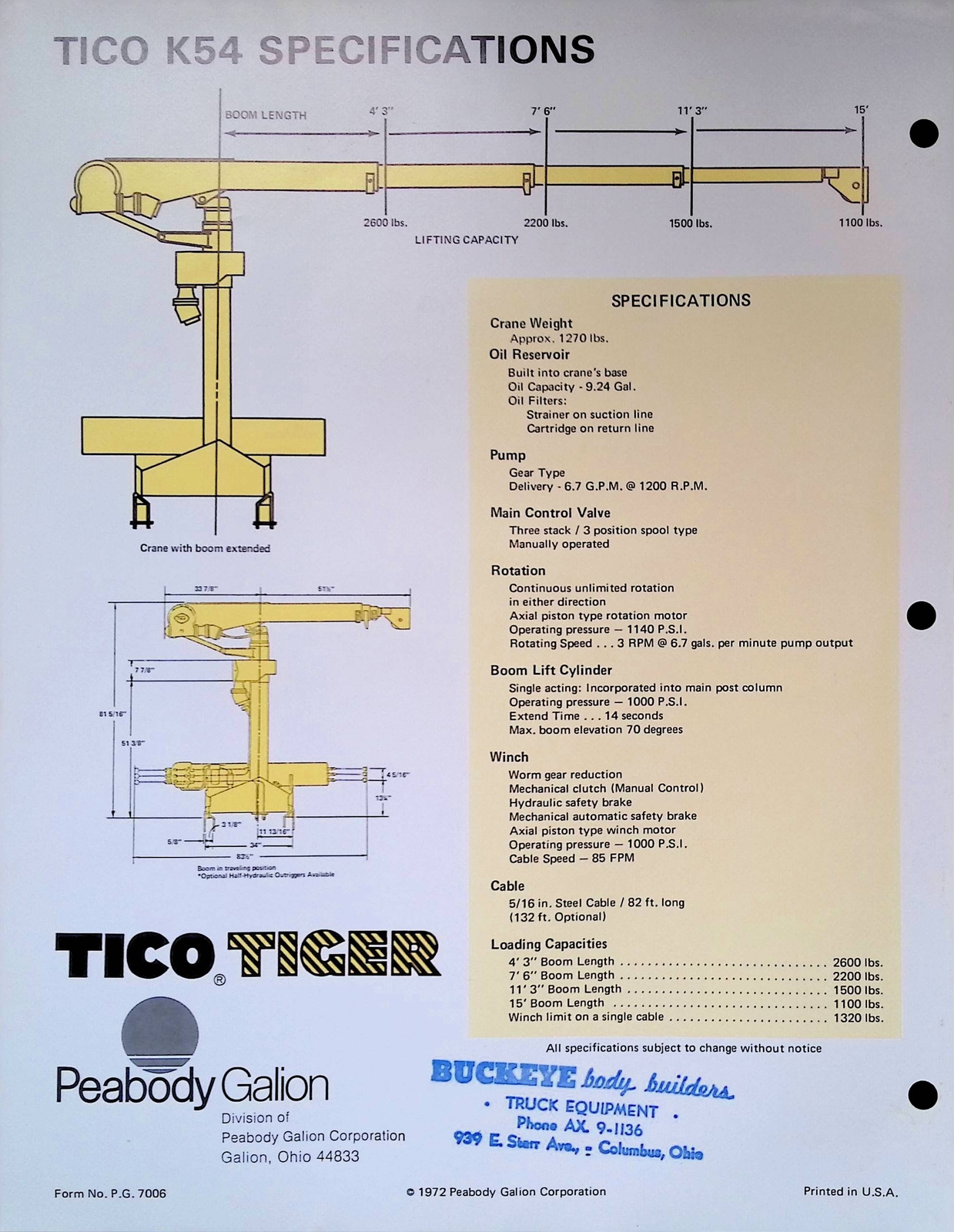Vintage Farm Advertisement Spec Sheet TICO K54 Rough Terrain Crane Specification