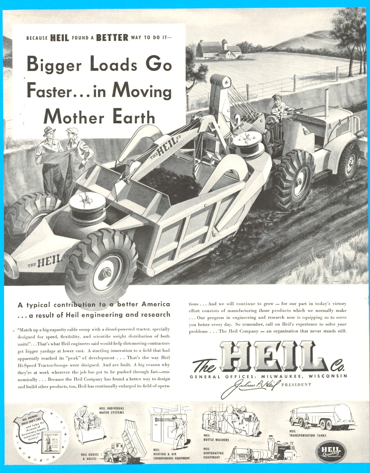 Heil tractor farm equipment scoops Milwaukee vintage print ad 1942 WWII trucks