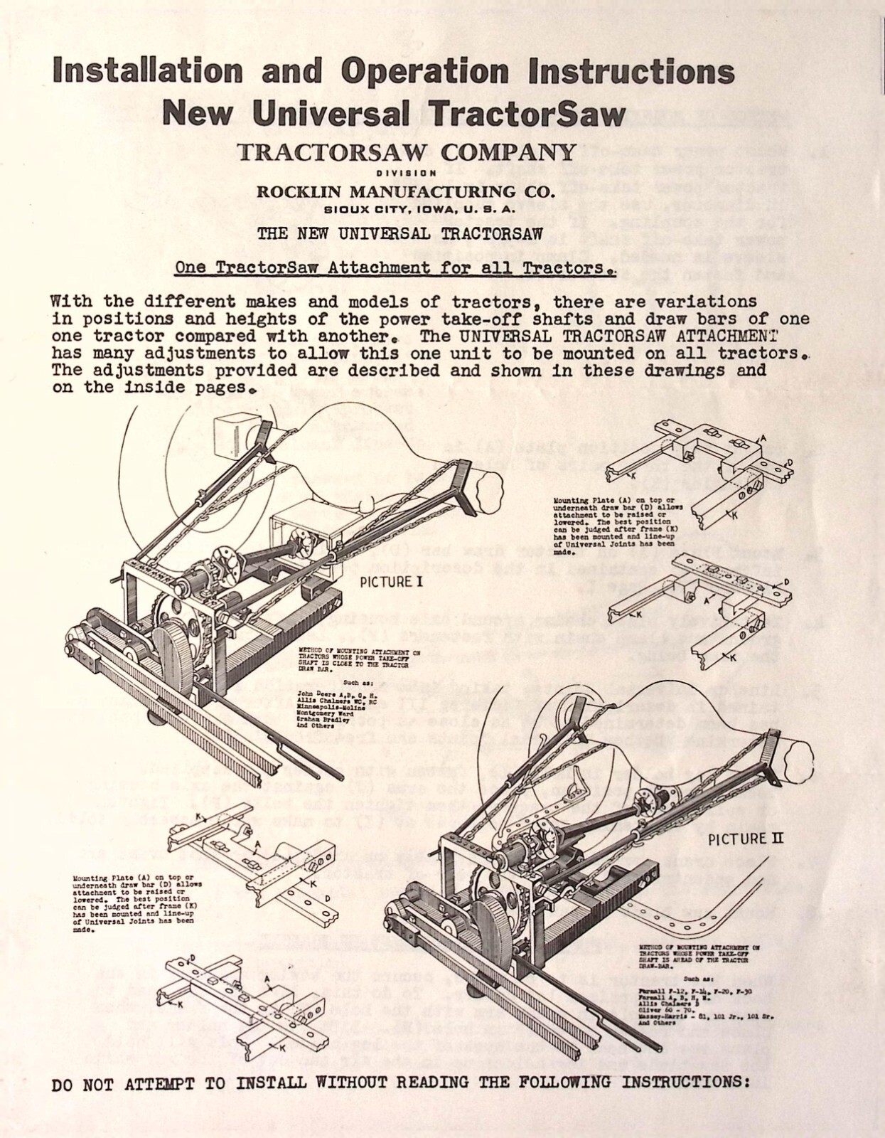 Rocklin Manufacturing Universal Tractor Saw Installation Operation instructions