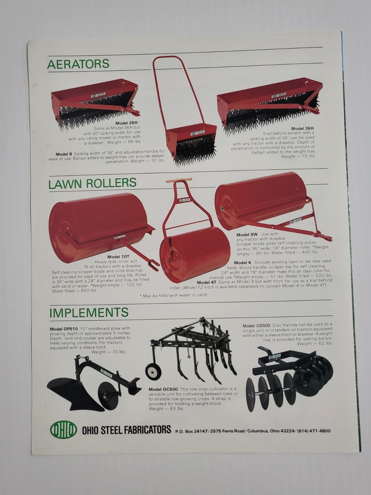 1980s Equipment BROCHURE Ohio Steel Fabricators Carts Aerator Rollers Plow Disc
