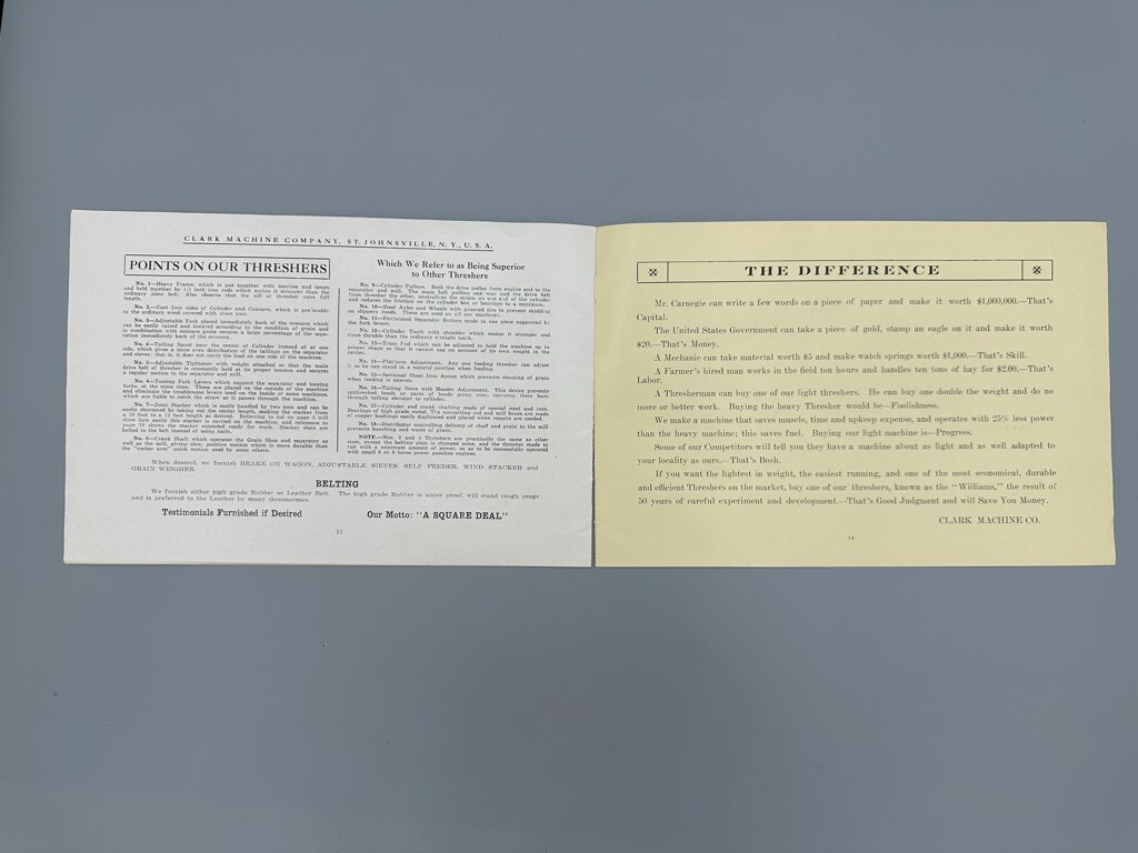 c 1900 CLARK Machine WILLIAMS THRESHER Farm Catalog ST JOHNSVILLE NY Advertising