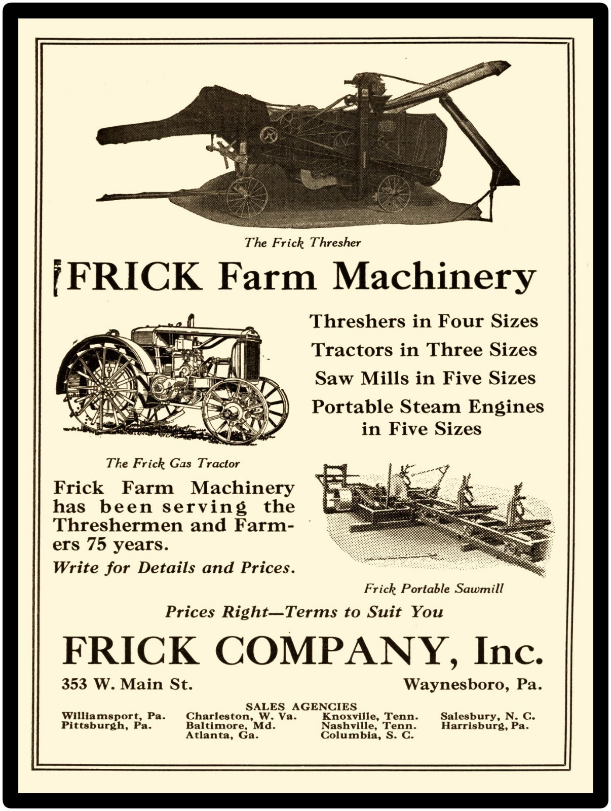 1928 Frick Farm Machinery New Metal Sign: Thresher & Gas Tractor, Saw Mill Pics
