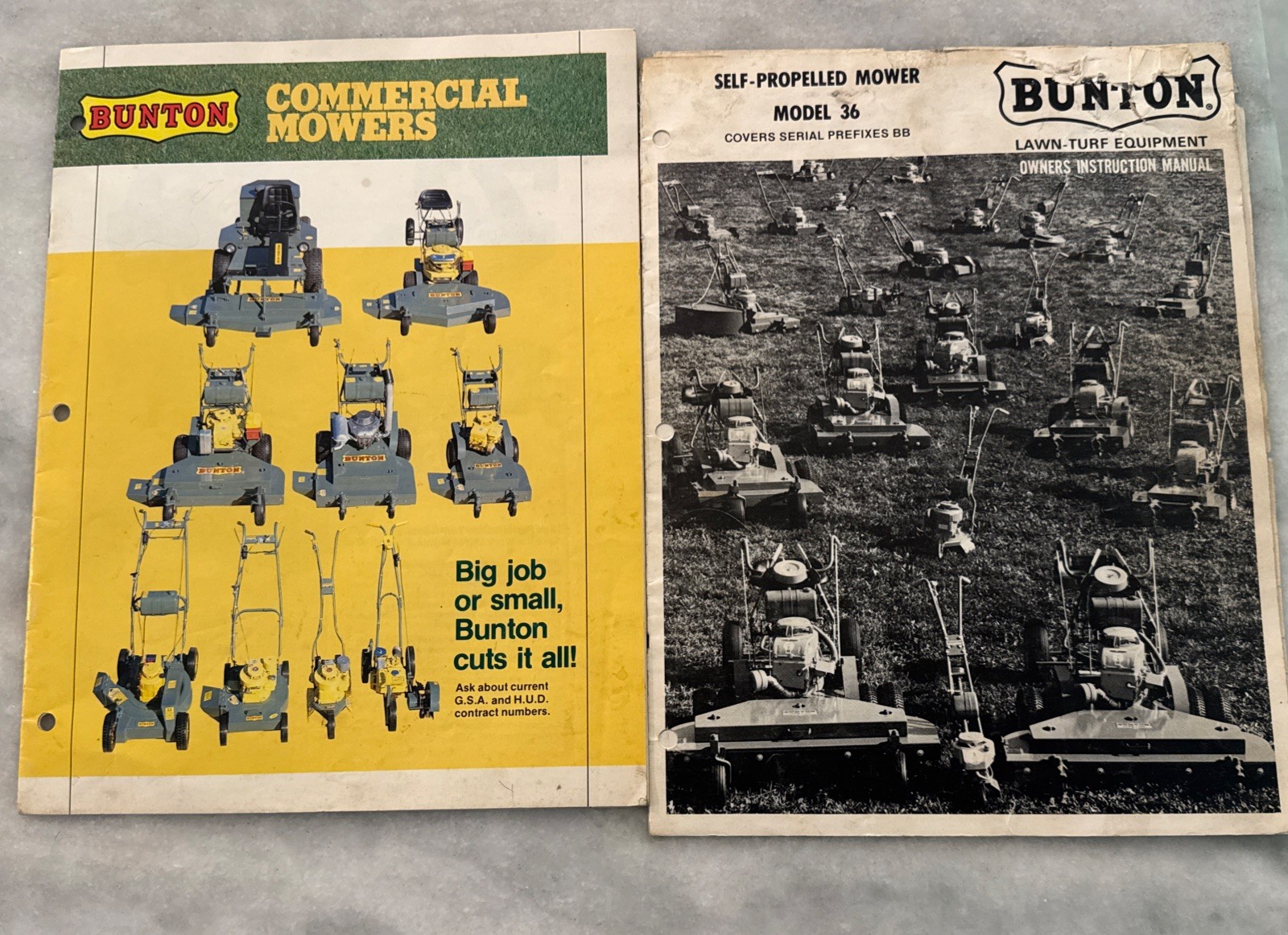 Two Bunton Lawn & Garden Commerical Mower Brochures Lawn Yellow Green 61, 52, 36