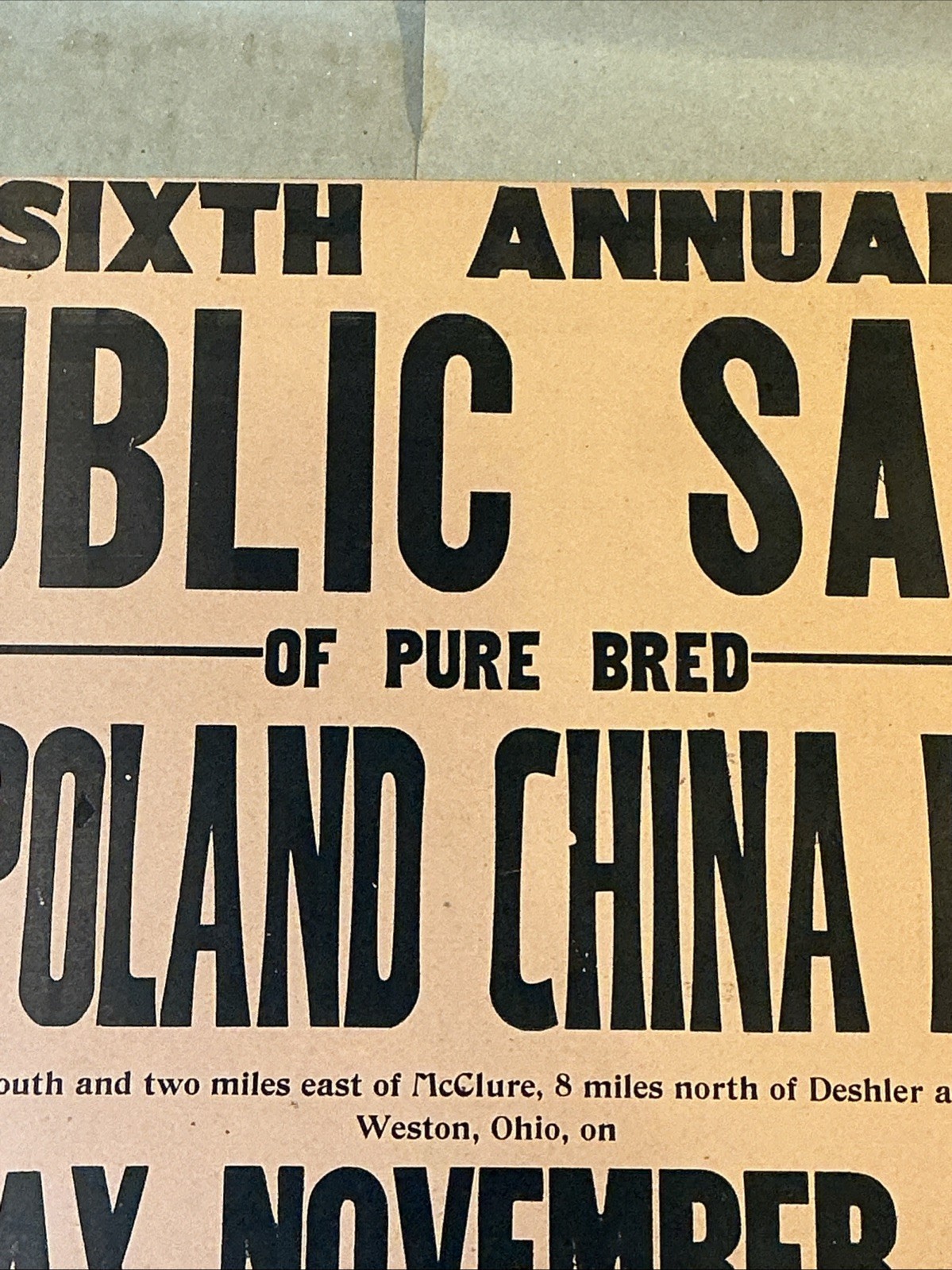 Antique 1910 Original Auction Poster China Hog Public Sale Ohio As Is INV-AC07Y