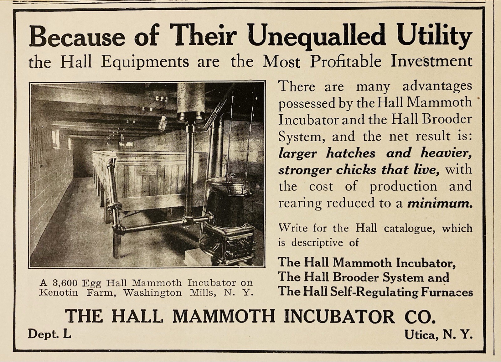1911 AD.(PC9)~HALL MAMMOTH INCUBATOR CO. UTICA, NY. HALL BROODER SYSTEM