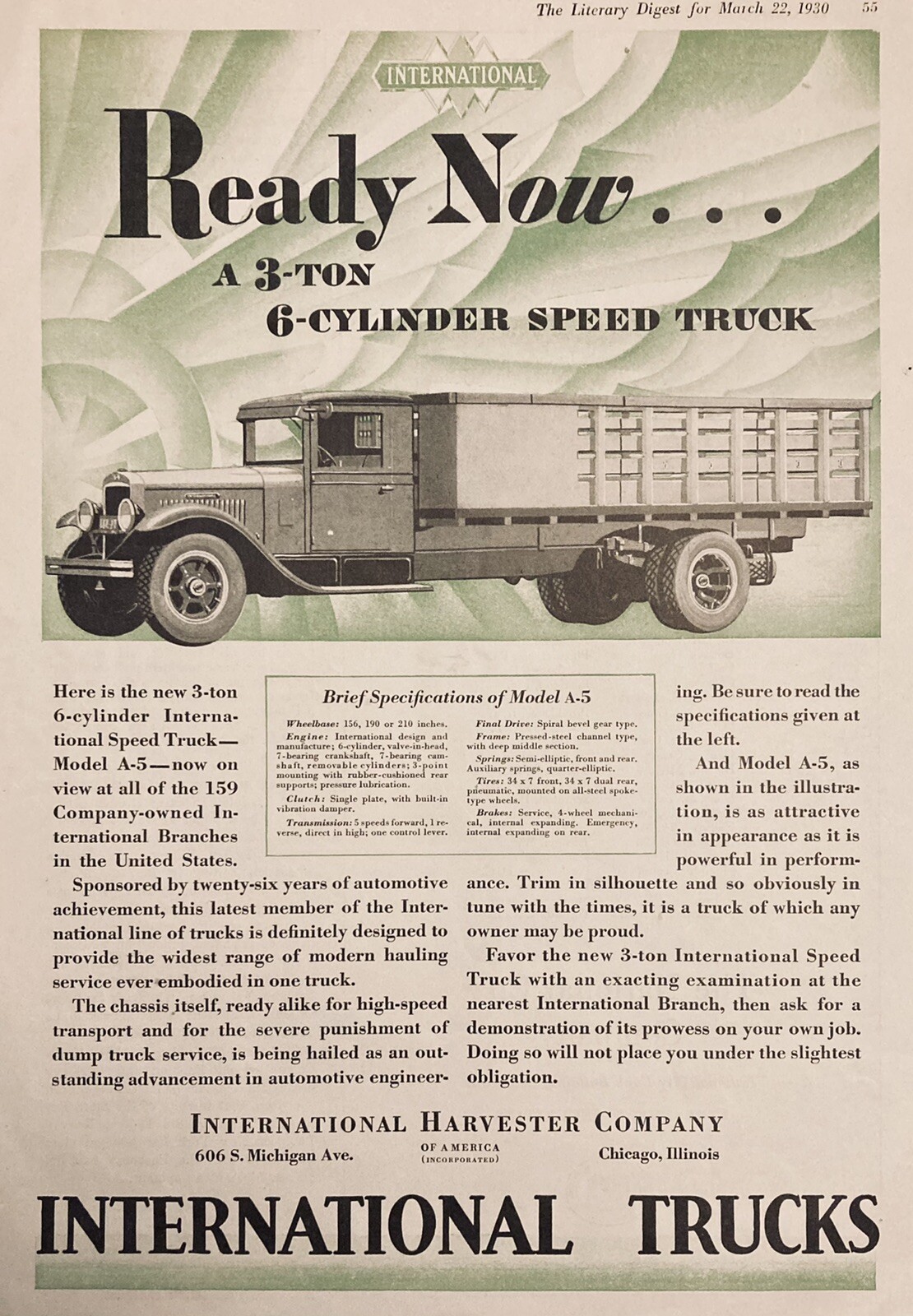 1930 AD.(XH22)~INTERNATIONAL HARVESTER CO. MODEL A-5 6-CYLINDER SPEED TRUCK
