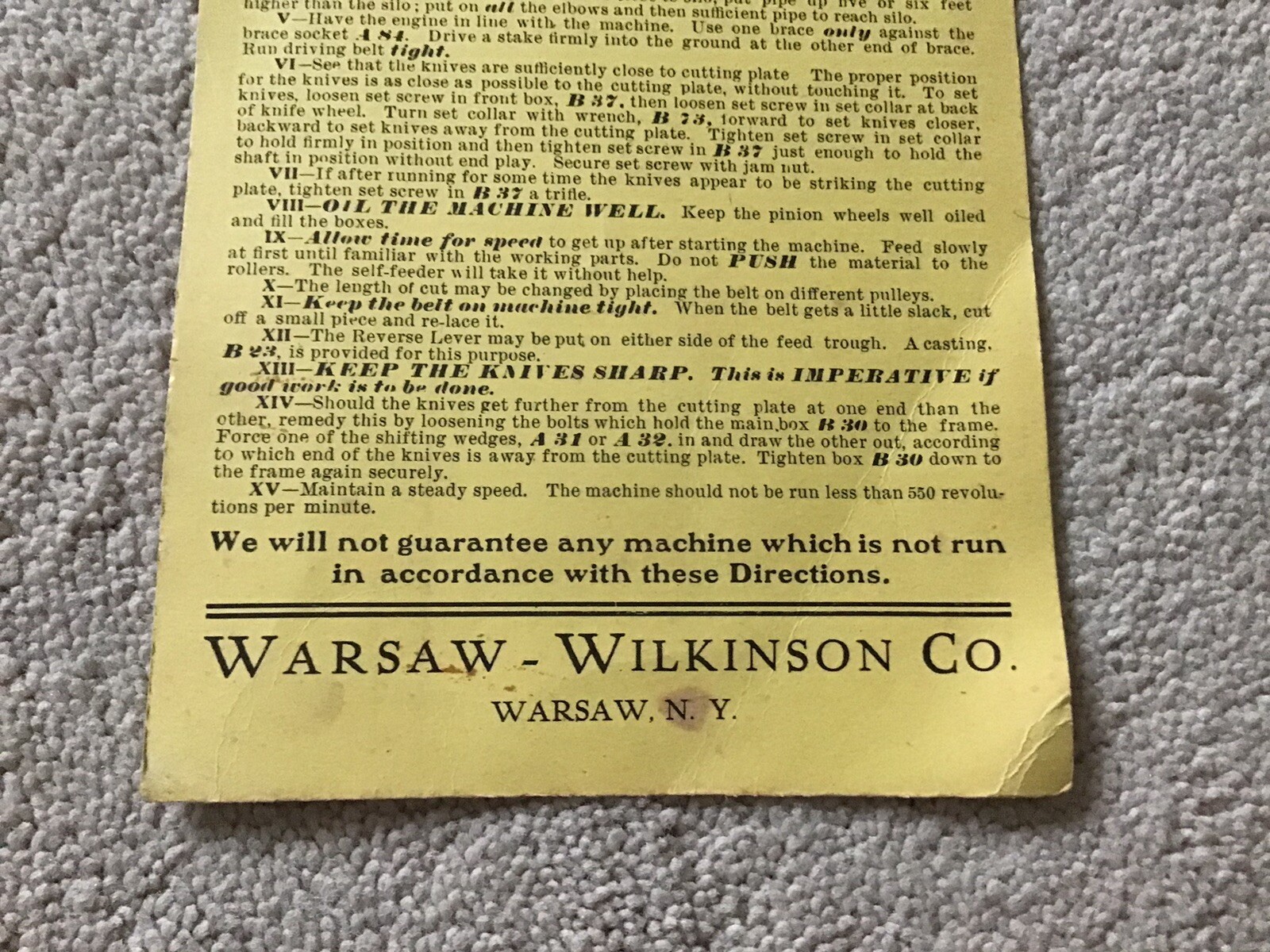 Vintage Cardboard Directions For Climax « B » Warsaw-Wilkinson Ensilage Cutters