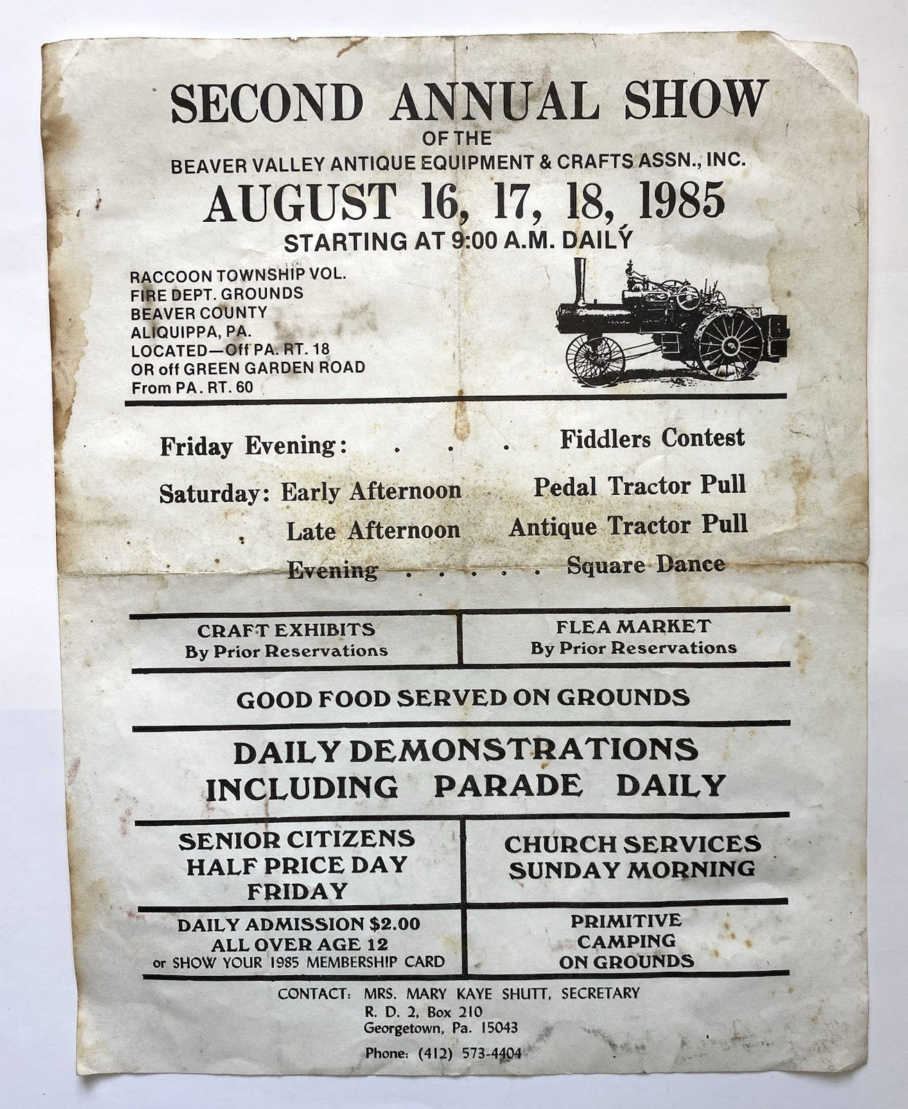 1985 Beaver Valley Antique Equipment & Crafts Assn, Inc Show Flyer Aliquippa PA