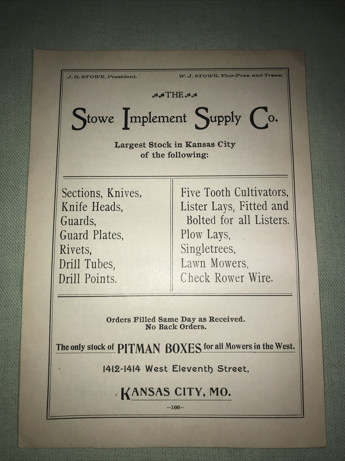 1898 Stowe Implement Farm Advertising – Kansas City – Missouri