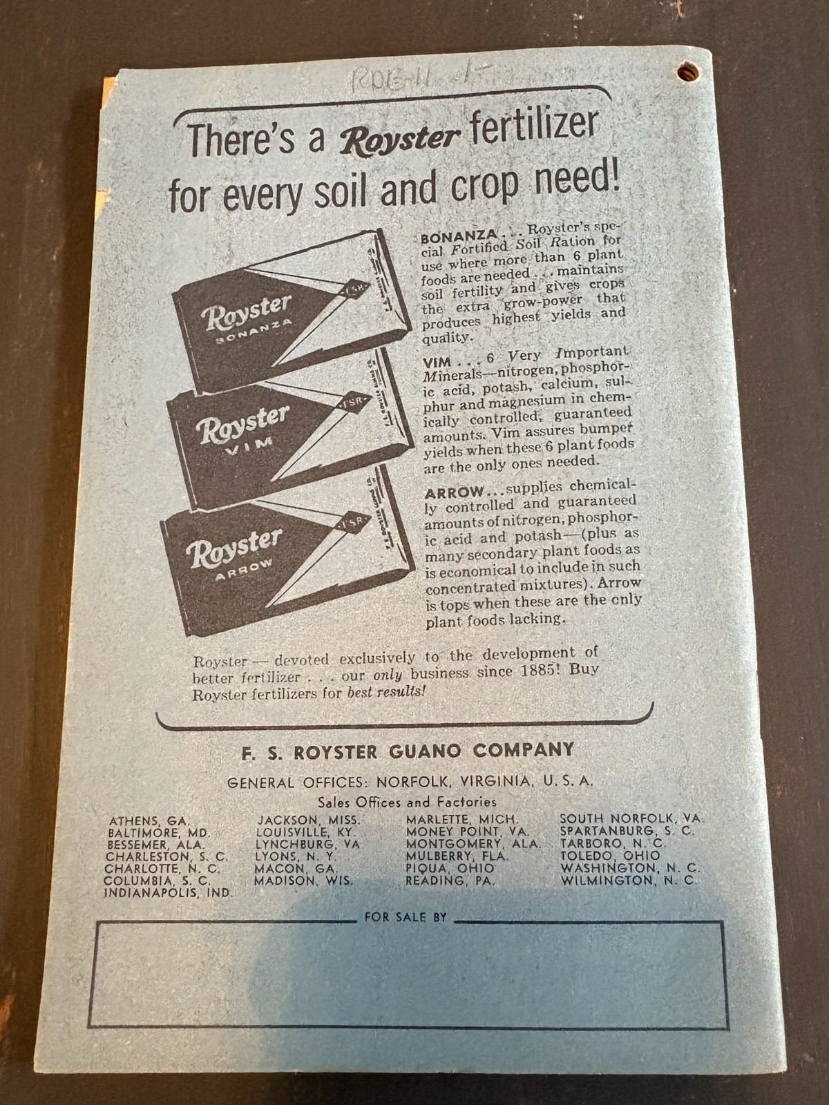 1961 Royster’s Almanac F.S. Royster Guano Co Norfolk Virginia