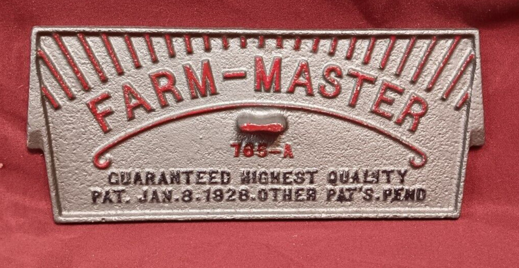 Farm-Master 165-A Cast Iron Nameplate, Patent 1928, Shop Wall Decor