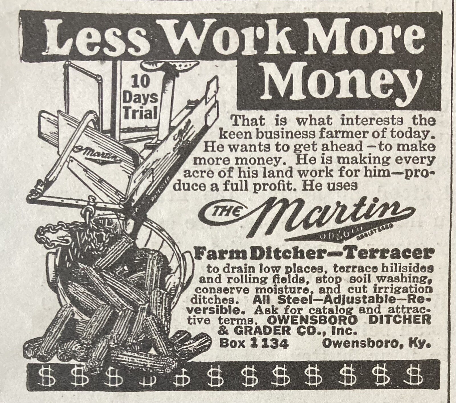 1926 AD.(XH4)~OWENSBORO DITCHER GRADER CO. KY. THE MARTIN FARM DITCHER TERRACER