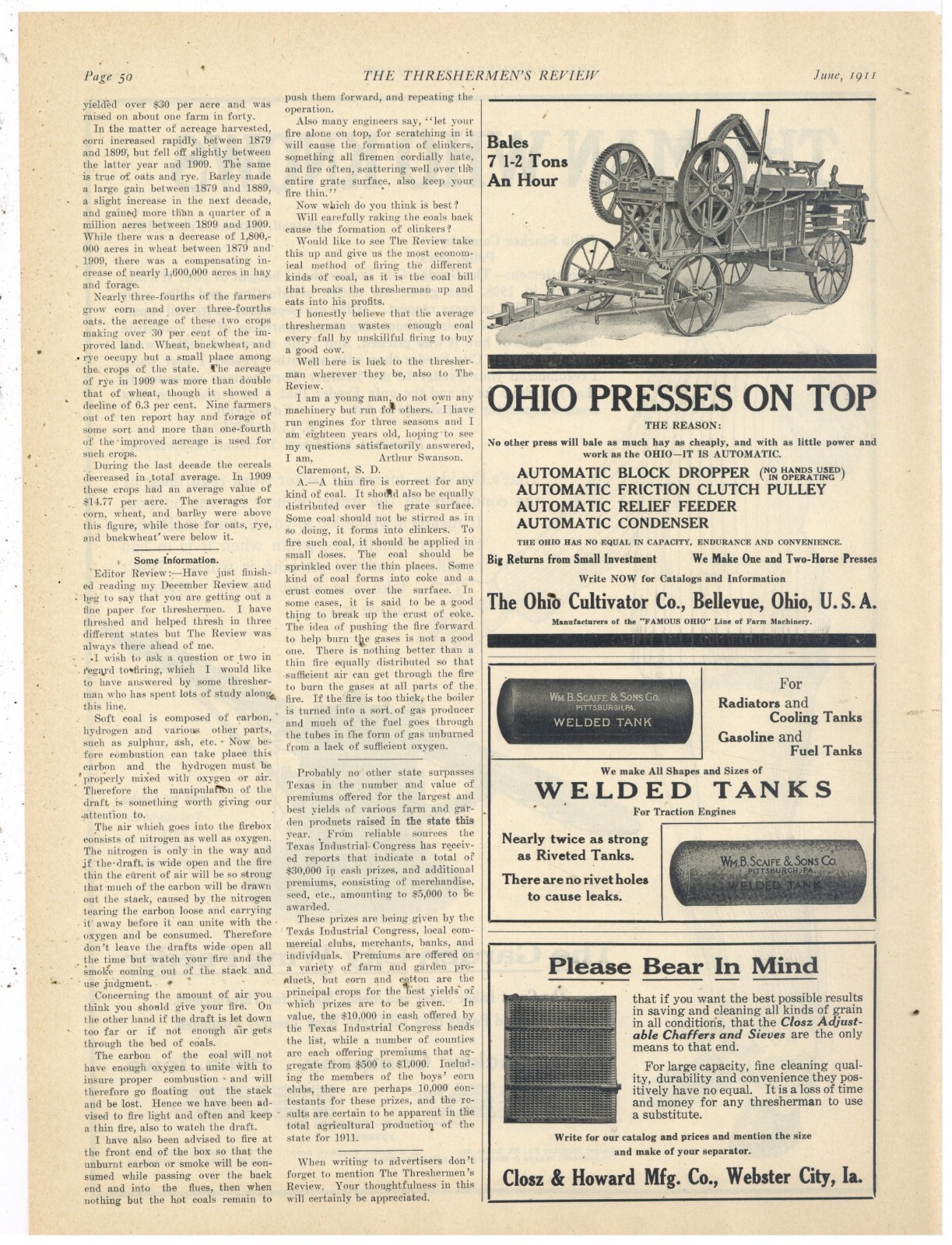 1911 OhiO Cultivator Co. Ad: OhiO Press on TOP – 7.5 Tons/Hr. Bellevue, OhiO