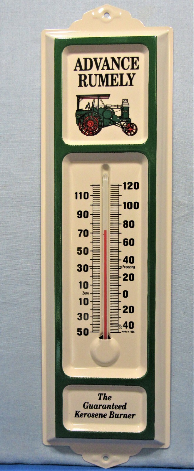 Advance Rumely ~ Vintage Kerosene Farm Tractor ~ Old Tin Advertising Thermometer