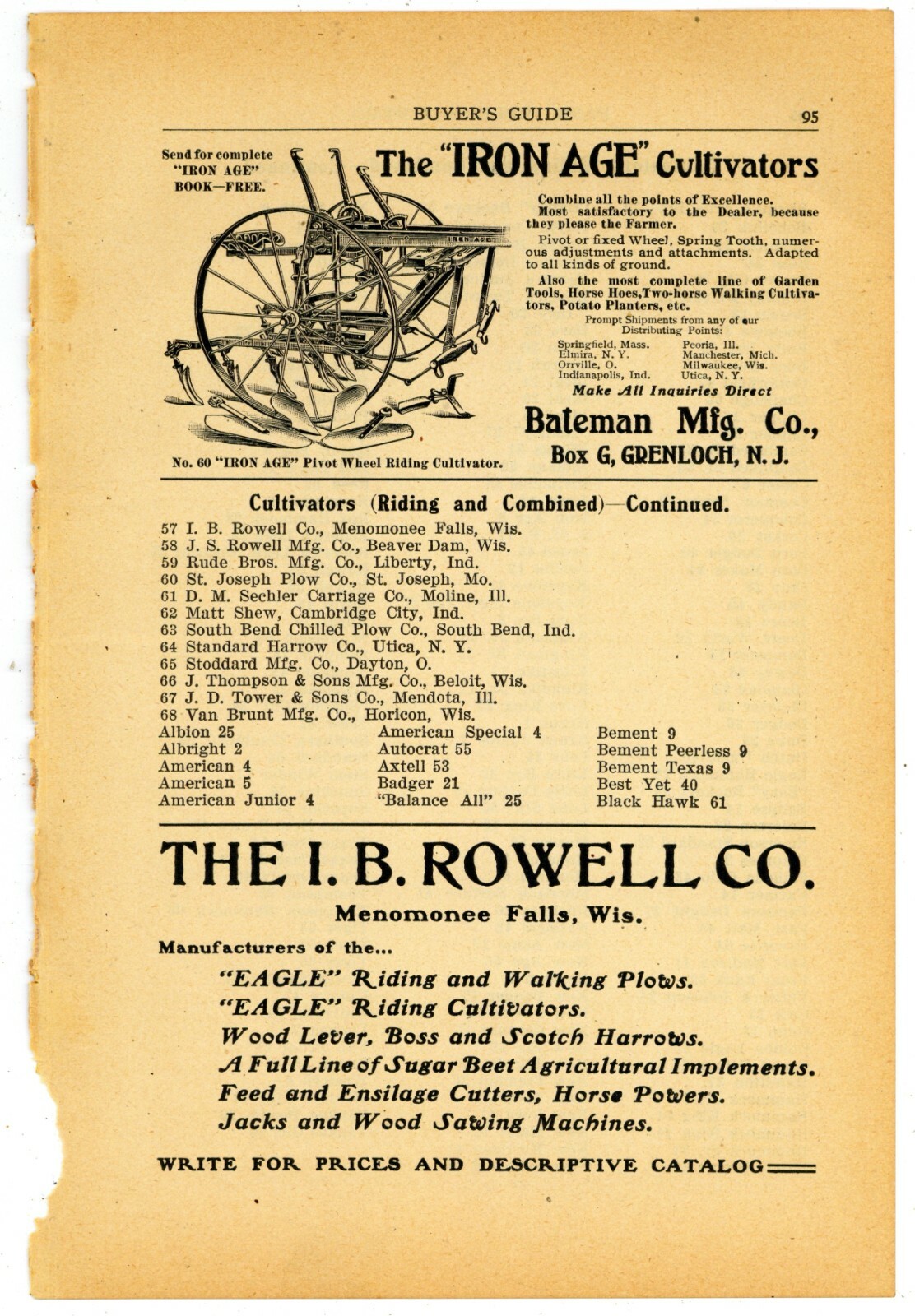 1905 Bateman Mfg. Co. Ad: Iron Age Cultivators – No. 60 – Grenloch, New Jersey