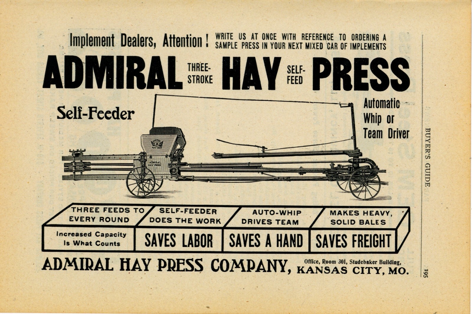 1905 Admiral Hay Press Co. Ad: 3 Stroke Self Feed Type – Kansas City, Missouri