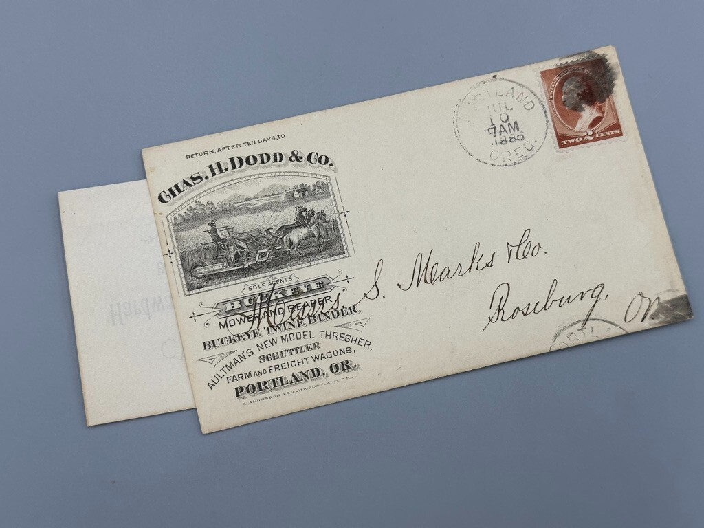 1886 BUCKEYE MOWER Dodd Advertising FARM Illustrated Postal Cover PORTLAND OR
