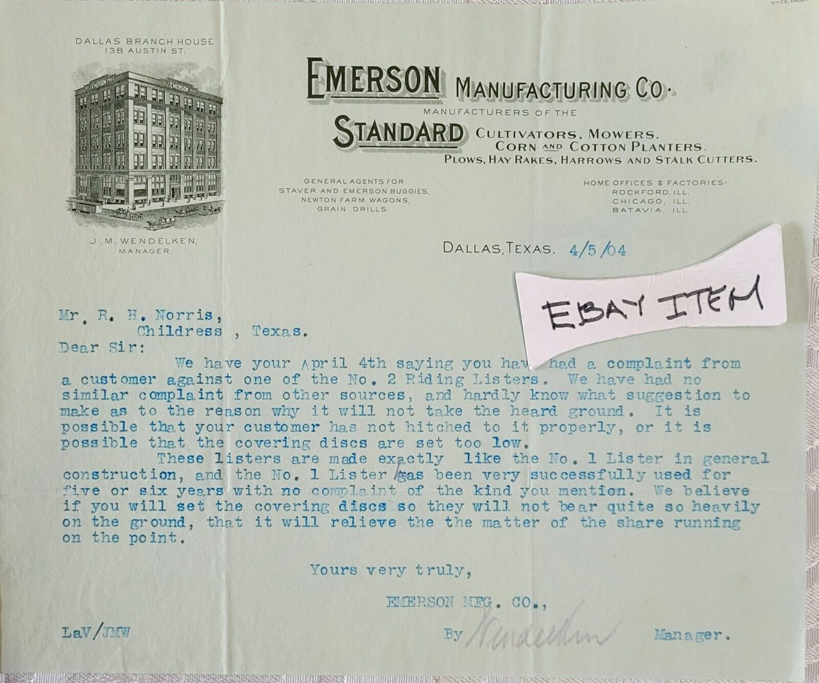 1904 Dallas Texas Letterhead EMERSON Manufacturing Co Standard Cultivators, Plow