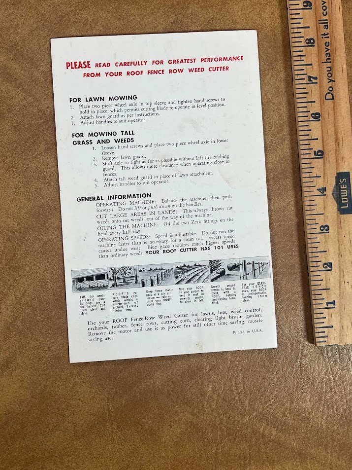 1950&rsquo;s ROOF FENCE ROW WEED CUTTER Instructions Pontiac, Illinois