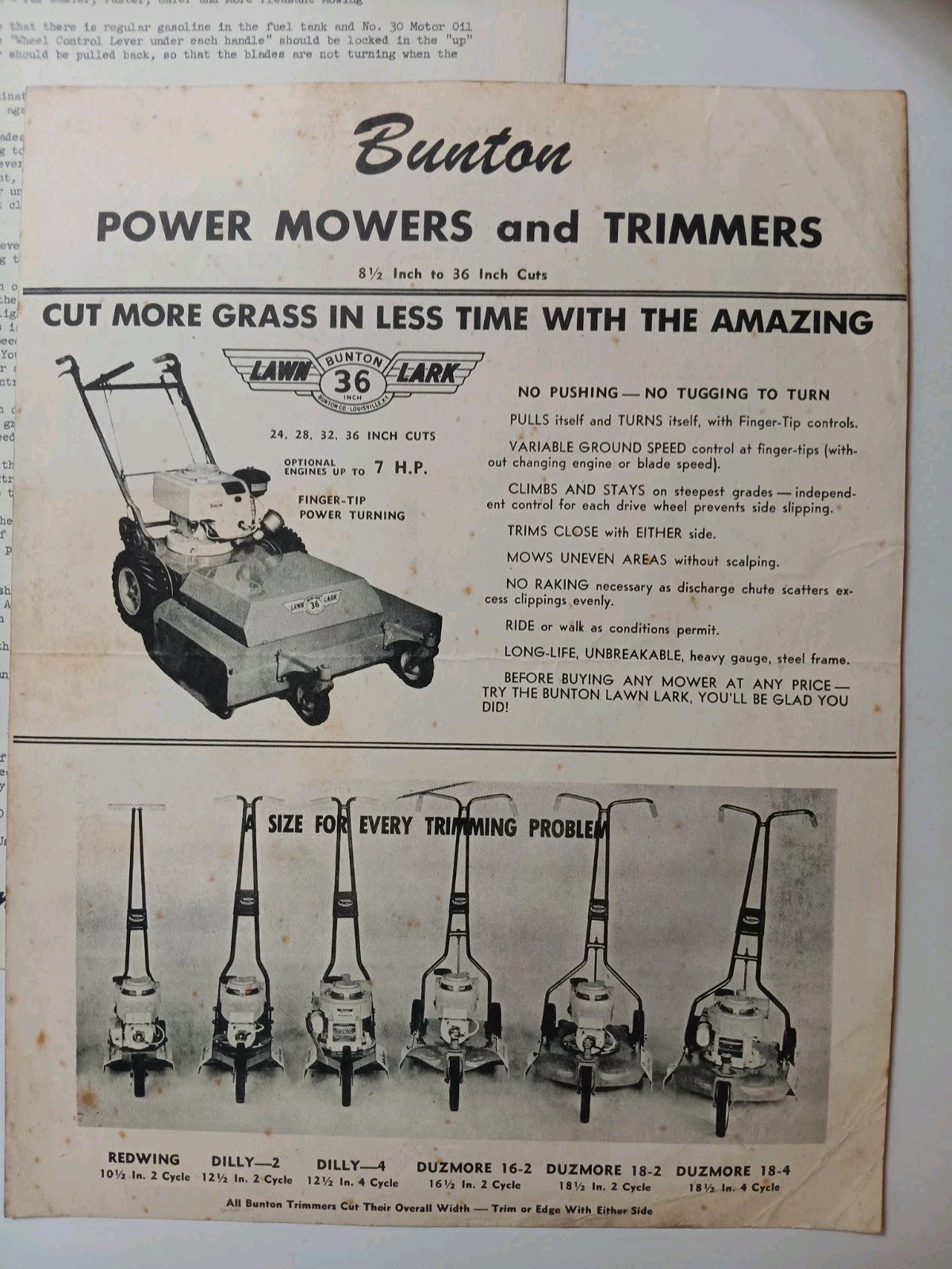 6 Bunton Lawn & Garden Mowers Brochure Lawn LARK, Fort Knox, Instructions
