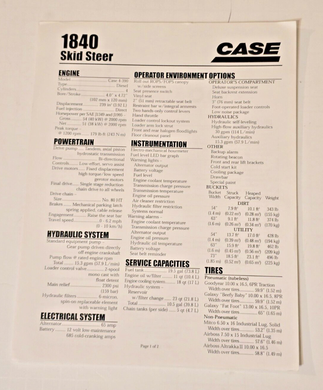 1998 Case 1840 Skid Steer Spec Sheet Dealer Information Advertising Brochure