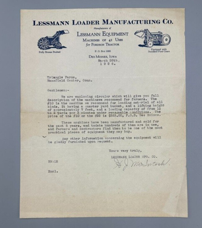 1926 Lessmann LOADER for FORDSON TRACTOR Farm DES MOINES IOWA Advertising Letter