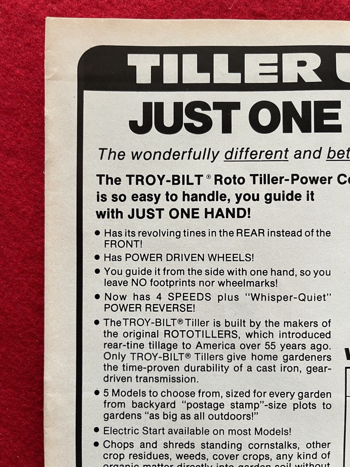 Vintage 1992 Troy Bilt Roto Tiller Print Ad “Just One Hand”
