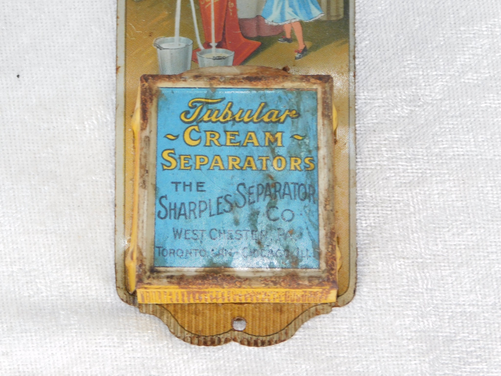 Antique Sharples Tubular Cream Separator Cow Litho Tin Sign Match Holder Safe
