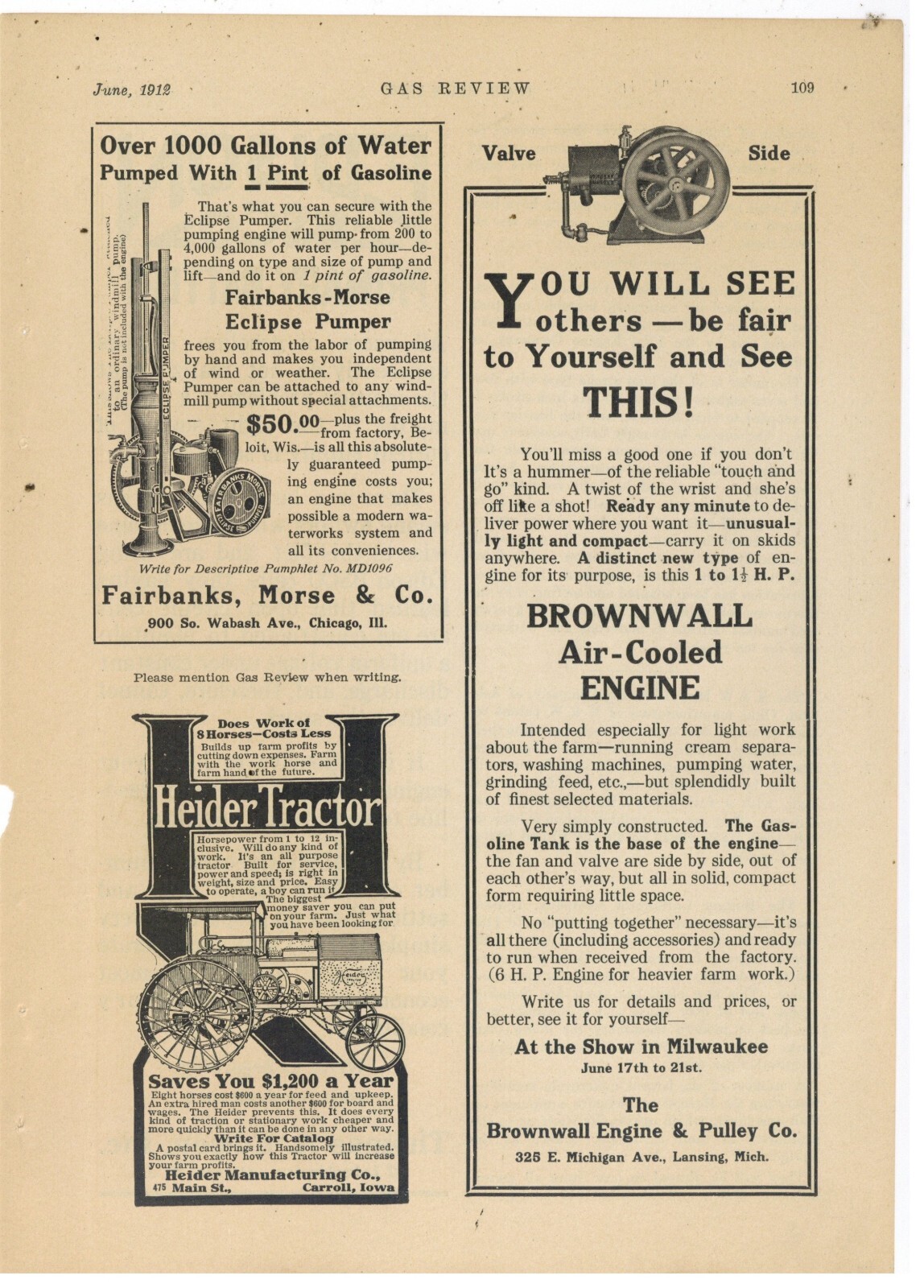 1912 Brownwall Engine & Pulley Co. Ad: Air Cooled Gas Engine – Lansing, Michigan