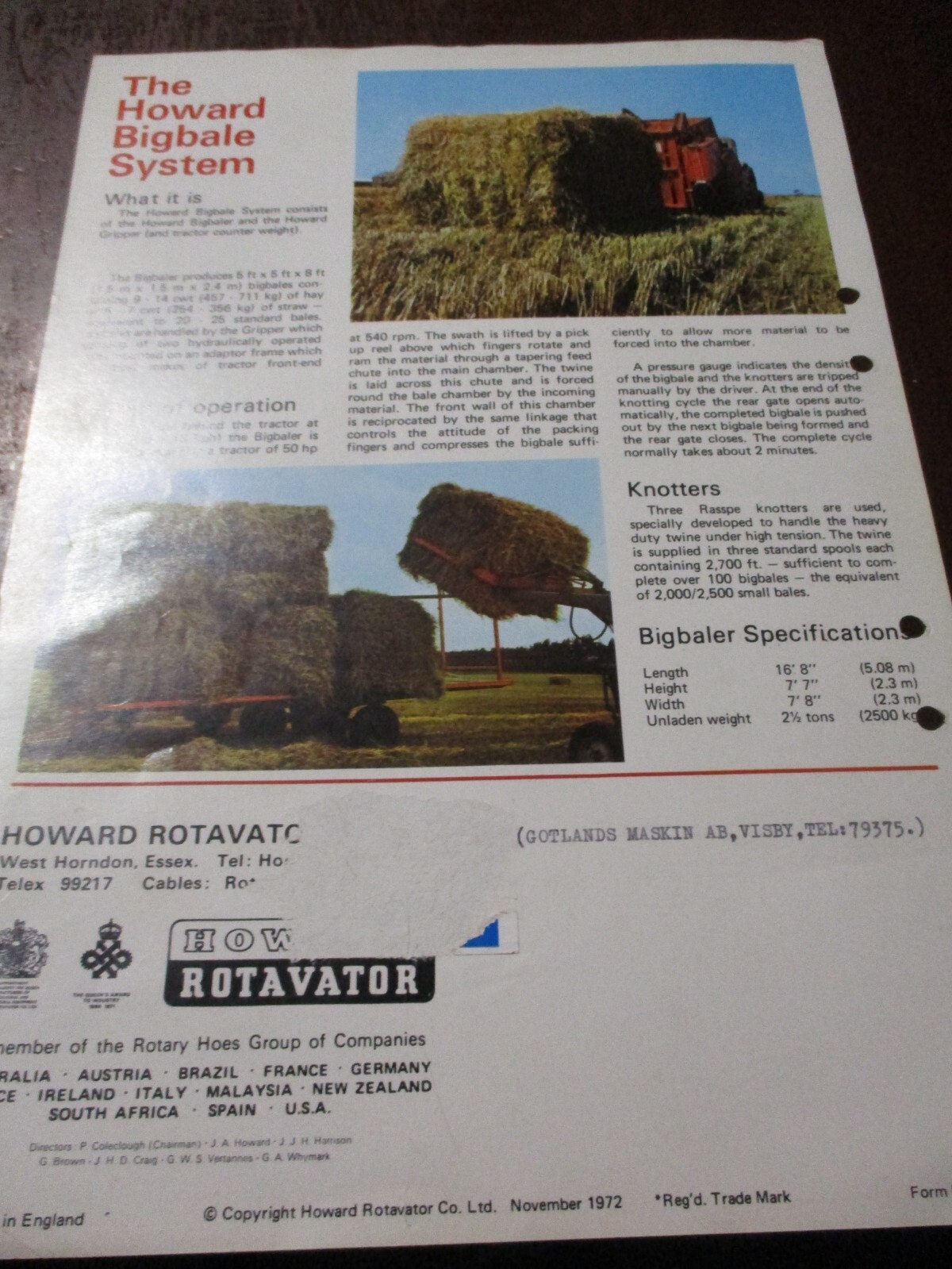 Howard HR 51 Rotavator, Bigbale System Sales Brochures, 2 items, 2002-1972
