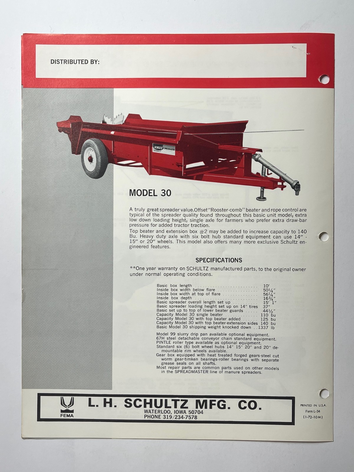 1976 Shultz Spreadmaster Manure Spreader Sales Brochure *Showroom Sales Book*