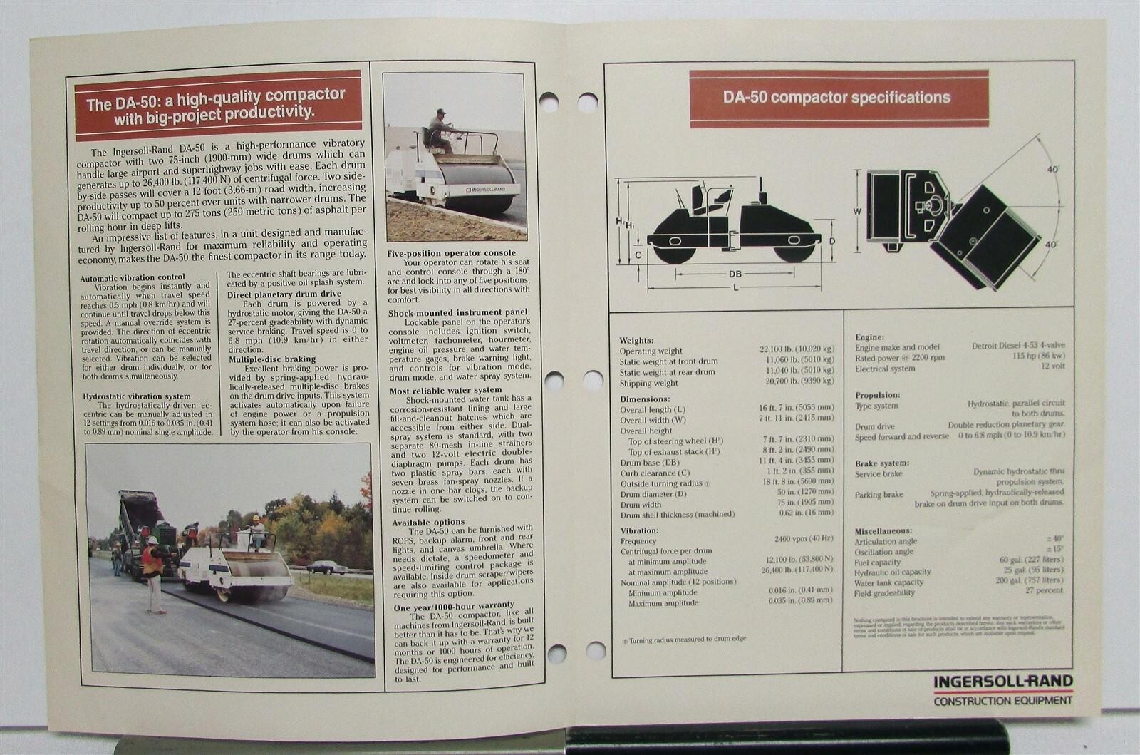 1982 Ingersoll Rand DA 50 Vibratory Compactors Specs Construction Sales Brochure